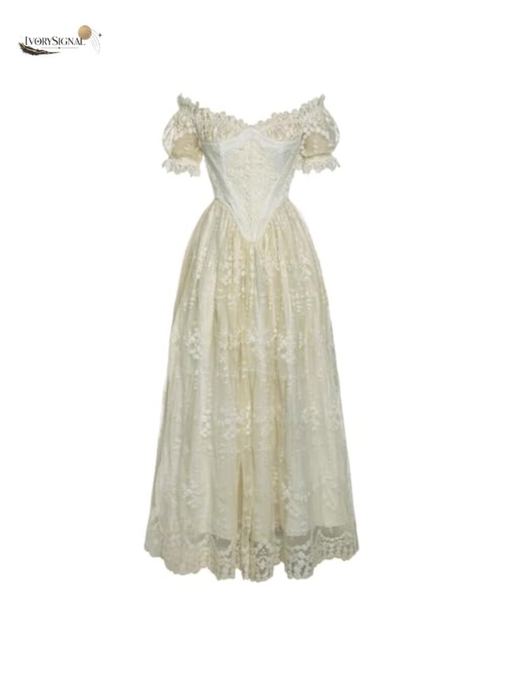 Victorian Lace Embroidery Dress Off-Shoulder Puff Sleeve Maxi Costume